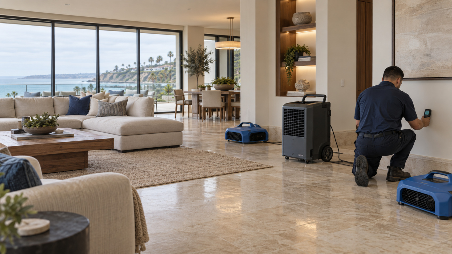Restoration technician taking moisture readings in a Newport Beach residence